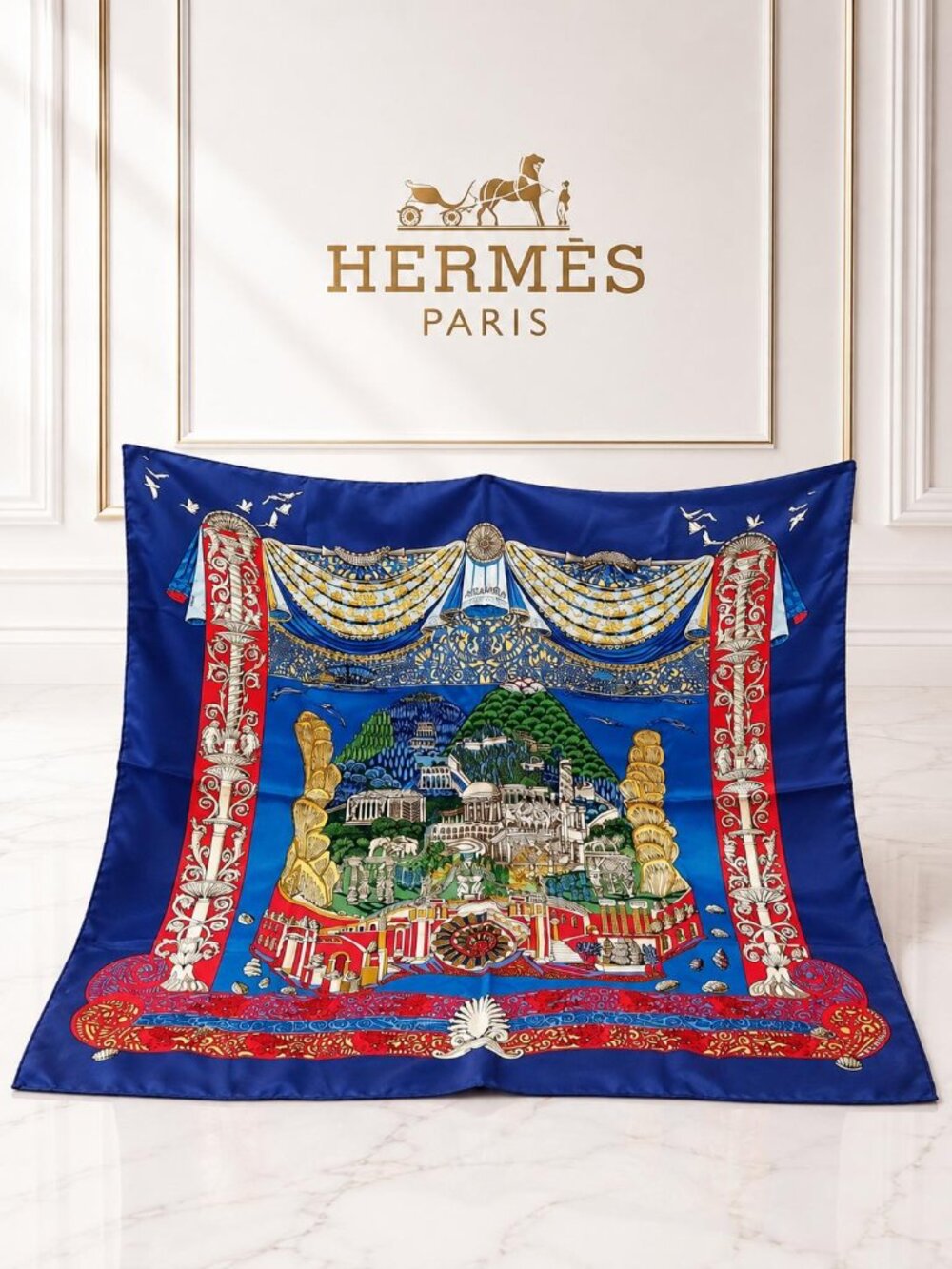 Authentic Hermès L’Atlantide Annie Faivre Carré 90 Scarf